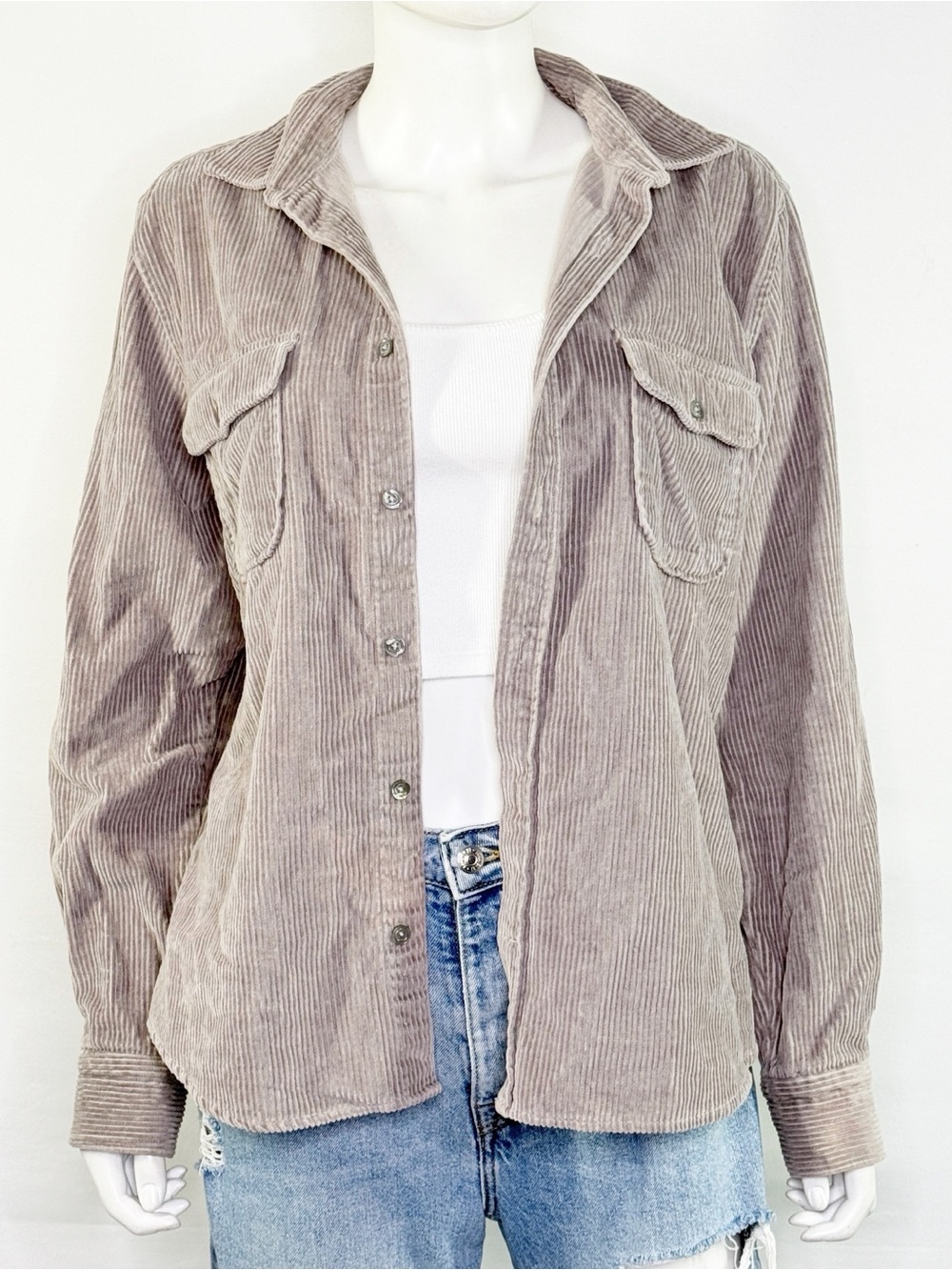 Reiss Gray Corduroy Button Down Shirt Size L Casual Summer Collared Long Sleeve